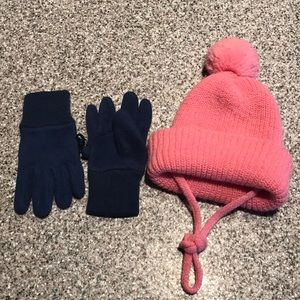 Knit toddler beanie hat w pompom & fleece gloves